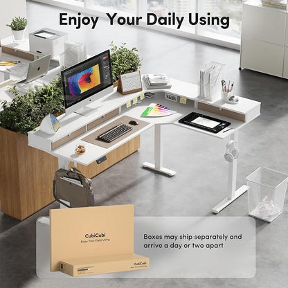 FEZIBO L Shaped Electric Standing Desk, 63 x 48 inch Large with Drawers | Reversible Tabletop, 2 Memory Height Settings | Home Office & Gaming Height-Adjustable Table, Warm White（2 Packages）