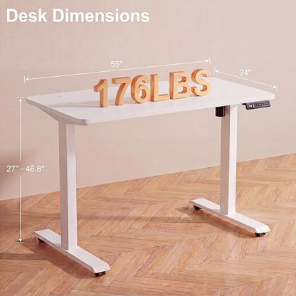 Electric Standing Desk with Power Outlets and USB-C Port, 55 x 24 Inches Adjustable Height Sit Stand Up Desk for Home Office, Adjustable Desk with Memory Preset and Wheels, White