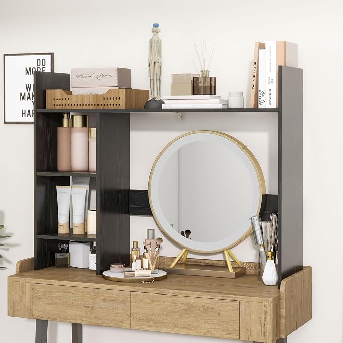 FTZxHKLX Desktop Bookshelf, Wood Desk Organizer Hutch with 3 Shelves for Computer Desk, 37.4'' Multipurpose Display Rack with Storage for College Dorm Office Home, Black