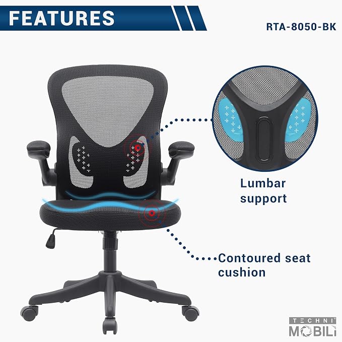 Ergonomic Office Chair with Mesh Back Rest Lumbar Support Flip Up Arms and Swivel, Mid-Back Task Home Office Chair