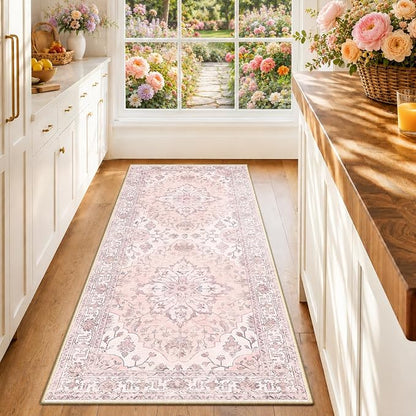 RELEANY Area Rugs Runner 2'x6' Washable Non-Slip, Floral Vintage Distress Medallion Carpet for Kitchen Hallway Bedroom Beside Laundry Room Bathroom, Pink Greypink Cute