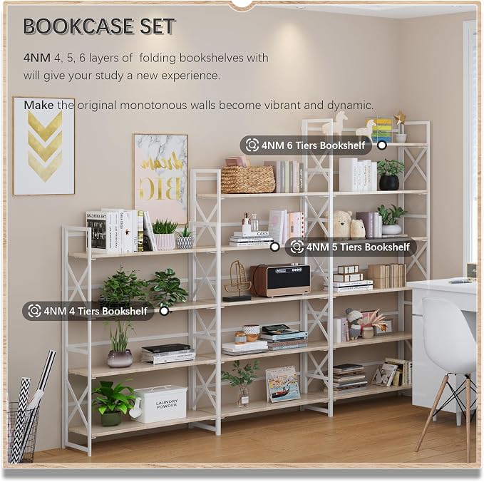 4NM Extra Wide 5 Tiers No Assembly Book Shelves, 51.2" H Folding Bookshelf Bookcase Open Industrial Foldable Shelves for Bedroom, Living Room, Home Office - Natural White