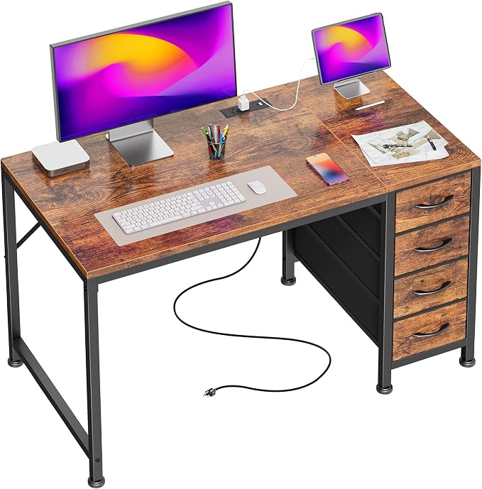 PRAISUN 39.4 Inch Computer Office Desk with Power Outelts and USB-C Port, Reversible Gaming Desk with 4 Fabric Drawers, Work Study Desk Work from Home, Rustic Brown