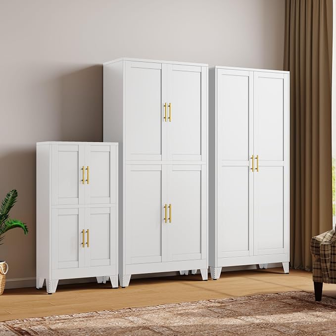 pozdeg Metal Storage Cabinet, 47.2" H Pantry Kitchen Storage Cabinets with 4 Doors and 2 Adjustable Shelves, Versatile Buffet Sideboards Cupboard for Home Office Garage or Gym (White)