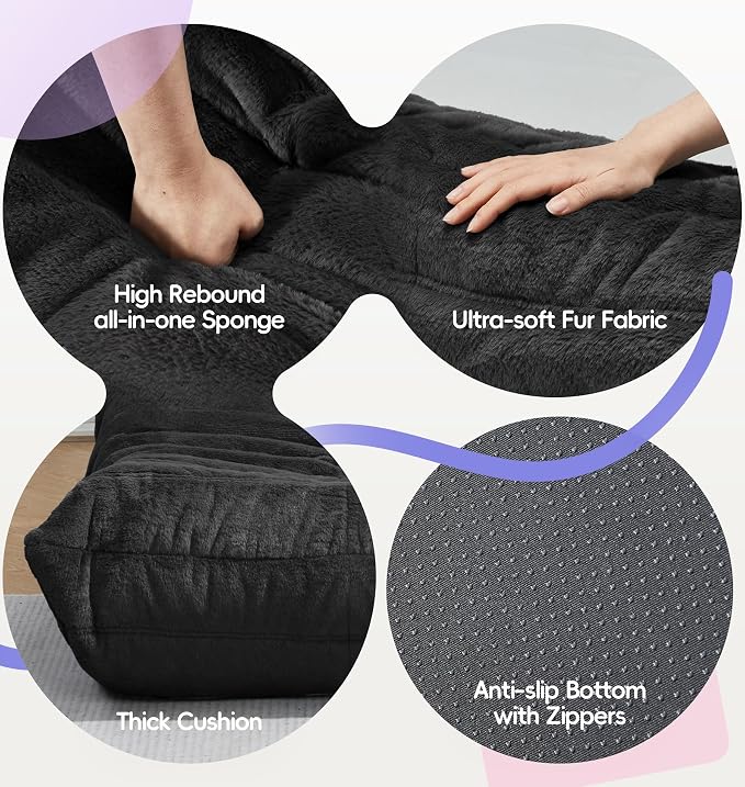 Hobestluk Small Bean Bag Chair Faux Fur Fabric BeanBag Couch for Playroom | Black Plush,Ergonomic Design,Memory Foam,Strong Supportive,No Assembly Required,Decorative Style for Living Room Bedroom