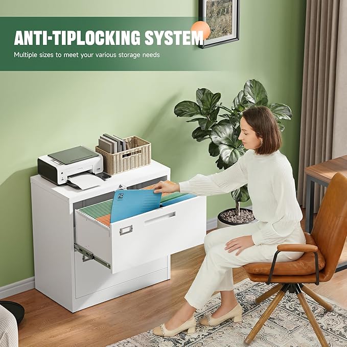 Letaya 2 Drawer File Cabinet with Lock,Metal Lateral Filing Cabinet for Home Office,Hanging Letter/Legal/A4 Size (White, H27.95×W28.35×D15.74)