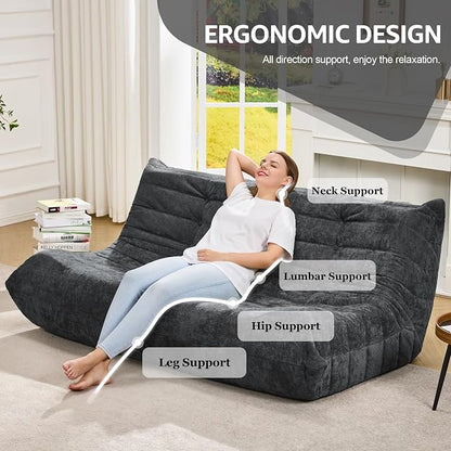 Hobestluk Giant Bean Bag Chair Faux Fur BeanBag Couch for Living Room | Darkgrey Chenille, 3-Seater,Ergonomic Design,Memory Foam,Anti-slip Bottom,No Assembly,Decorative Style for Living Room