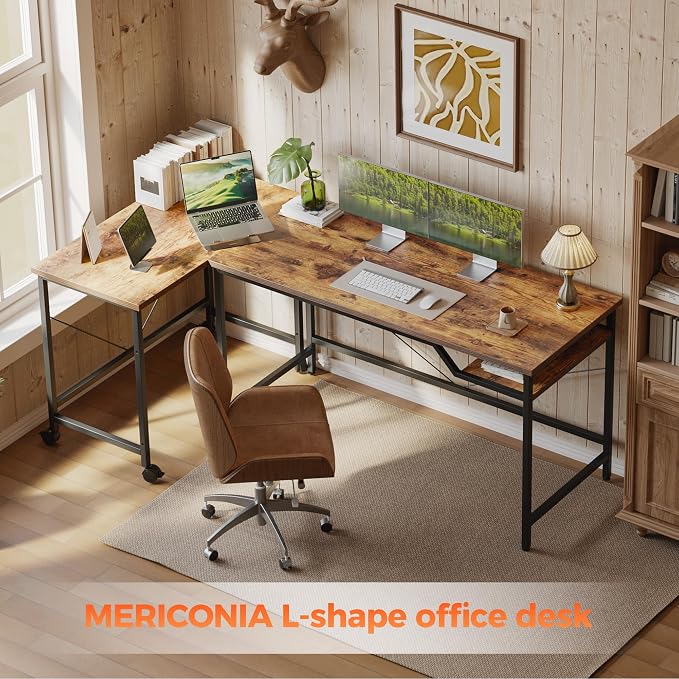 Mericonia 48 inch Computer Desk w/Shelf & Adjustable Feet, 32 inch Rolling Office Desk w/ 1 Hook, Small Space Desk for Home, Office, Study, Writing, Bedroom, 2 Pack