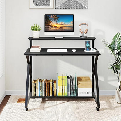 Giantex Rolling Computer Desk with Charging Station, Mobile Portable Laptop Desk with Monitor Stand & Storage Shelf, Small Desk with Lockable Wheels for Small Spaces, Home Office (Black)