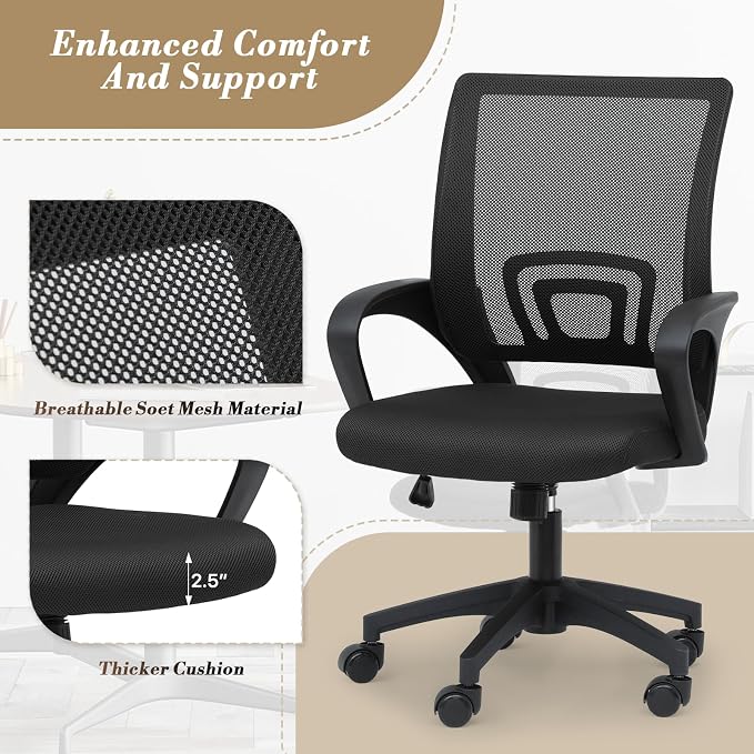 Office Chair Ergonomic - Mesh Desk Chair with Lumbar Support & Wide Seat (300Lbs Capacity) Adjustable Height, Swivel Wheels - for Home Office, Gaming, Bedroom