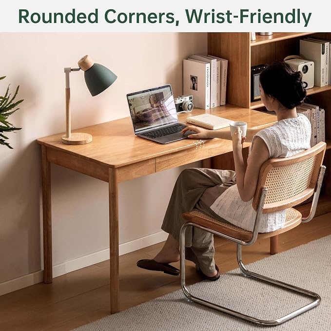 Solid Wood Computer Desk, Mid-Century Modern Home Office Desk with Storage Drawers, Writing Table for Study & Living Room 55.11" W Natural Wood