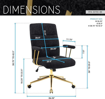 Elegant Black and Gold Office Chair with Textured Boucle Fabric, Modern Desk Chair with Padded Seat, Height Adjustable with Durable Gold Base