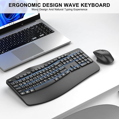Wireless Keyboard and Mouse Combo, 2.4G Full Size Wave Keys Ergonomic Keyboard with Wrist Rest and 3-Level DPI Adjustable Wireless Ergonomic Mouse for Windows, Mac OS Desktop/Laptop/PC(Graphite)