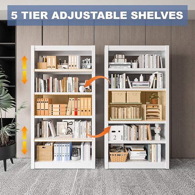 VASAAOSD Metal Bookshelf - Adjustable White Bookcase, 5 Tier Book Shelf, Heavy Duty Sturdy Book Case, Modern Bookshelves and Bookcases for Home Office, Living Room, Bedroom, Library(69" H)