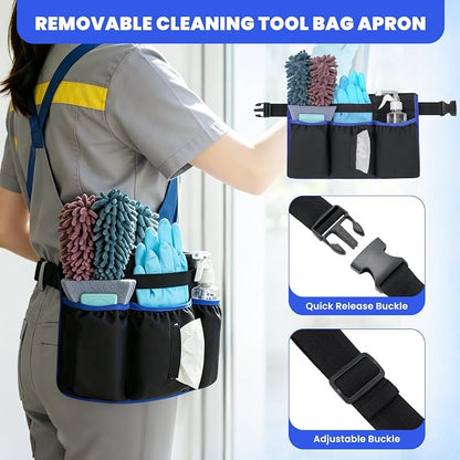 Rolling Cleaning Caddy Bag with Detachable Trolley, Large Multi-Pockets Cleaning Supply Organizer with Handles and Shoulder Strap, Cleaning Cart Supplies Organizer for Housekeepers, Cleaners, Car