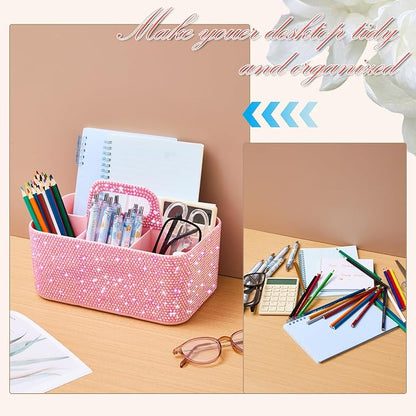 Marspark Bling Makeup Caddy Organizer with Handle, Sparkly Art Craft Holder, Glitter Bathroom Hair Caddy, Shimmer Pen Pencil Holder for Women Desk Organizer, Bling Gifts for Women(Pink,AB Diamond)
