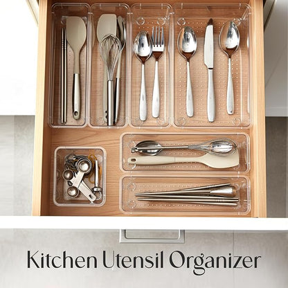 KICHLY 25 Piece Clear Drawer Organizer Set – Multi Size Storage Trays for Bathroom, Vanity, Makeup, Kitchen Utensils, Office & Bedroom - Office Desk Organizers & Caddy