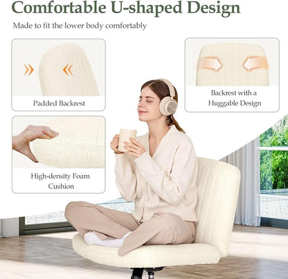 Orange Factory Criss Cross Chair Wheels Wide Cross Legged Office Desk Vanity Dual Base Comfy Fabric Armless Adjustable Swivel for Home Computer Task (Beige Dual Base, Fabric)