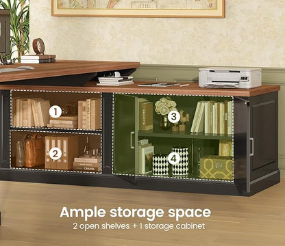 SEDETA Farmhouse L Shaped Desk with Drawers, 70.9" Home Office Desk with Storage Cabinet and Storage Shelves, L Shaped Computer Desk with Power Outlet，Black+Brown