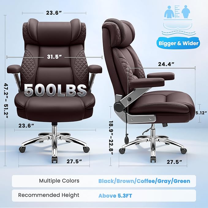 Big and Tall Office Chair for Heavy People, 500LBS Wide Seat Computer Desk Chair, Extra Large Executive Gaming Chair with Adjustable Lumbar Support and 5D Flip Arms, Comfy Heavy Duty Office Chair