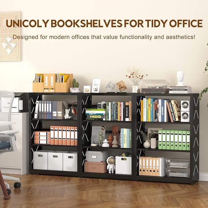 UNICOLY Bookshelves and Bookcases, 3 Tier Metal Bookshelf with Adjustable Shelves and Bookends, Open Shelf Bookcase, Display Shelves for Home Decor Bedroom, Living Room, Home Office, Black
