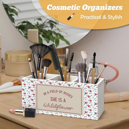 Boho Floral Inspirational Pen Holder Organizer for Desk Accessories, Motivational Gifts for Women, in a Field of Roses She Is a Wildflower Wooden Box Sign Desk Decorations for Girls Room Decor
