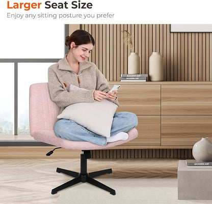 NEO Chair Criss Cross Chair No Wheel Vanity Desk Chair Wide Armless Cross Legged Office Comfy Makeup Adjustable Computer Task for Home Office Fabric (Pink)