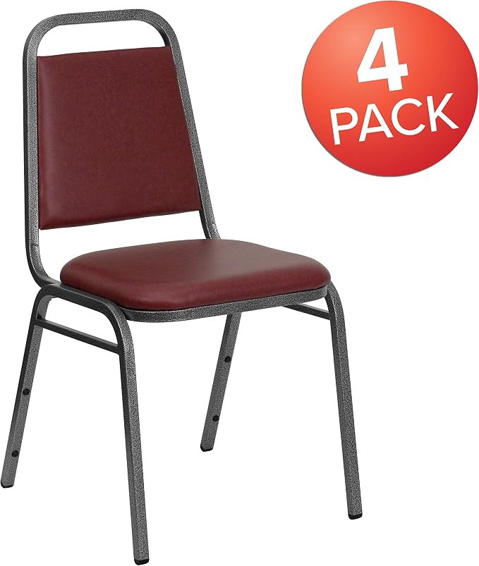 Flash Furniture 4 Pack HERCULES Series Trapezoidal Back Stacking Banquet Chair in Burgundy Vinyl - Silver Vein Frame