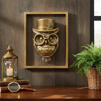 Newinhome Animal Heads Wall Decor (Includes Metal Frame) Halloween Resin Animals Sculptures Head Wall Hanging Decoration Gold vintage Wall Sculpture for Living Room Bedroom Office(Owl)