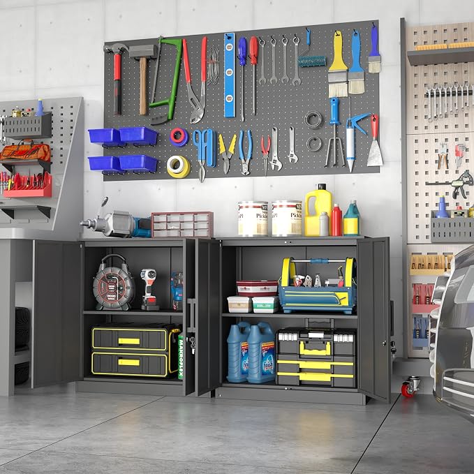 IRONFFICE Metal Wall Cabinet,Garage Cabinet with Handle,Lockable Storage Cabinets Wall Mounted with 2 Doors,Locking Cabinet with Shelves for Basement,Office,Living Home,Black