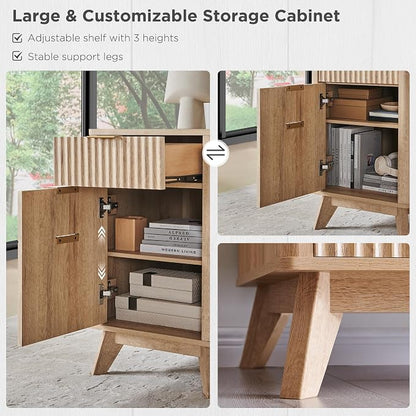 T4TREAM 60'' Fluted Executive L Shaped Desk, Modern Home Office Desk with Charging Station and File Drawer, Computer Corner Desks with Drawers & Storage Cabinet for Office Home, Bedroom, Natural Oak