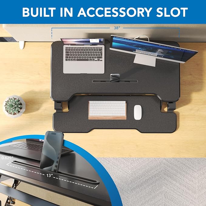 Mount-It! 38 Inch Standing Desk Converter - Gas Spring Sit Stand Desk Riser for Dual Monitors - Height Adjustable Desktop Workstation with Keyboard Tray - Black