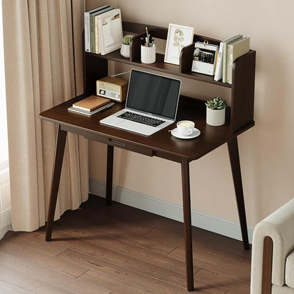 IOTXY Small Writing Desk with Hutch - 39.4" Work Computer Study Table with Drawer for Home and Office, Black Walnut