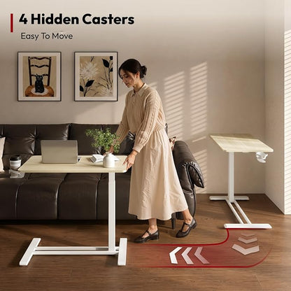 SANODESK Medical Adjustable Overbed Bedside Table with Hidden Casters, Pneumatic Mobile Laptop Computer Standing Desk Cart with Tray, Hospital and Home Use(31.5" W x 17.7" D, Pink)