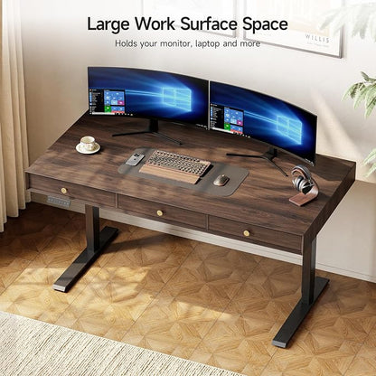 Electric Standing Desk with 3 Drawers, 55 x 24 Inch Height Adjustable Stand up Desk with Storage and Widened Legs, Retro Home Office Desks with Memory Controller for Computer Workstation, Walnut