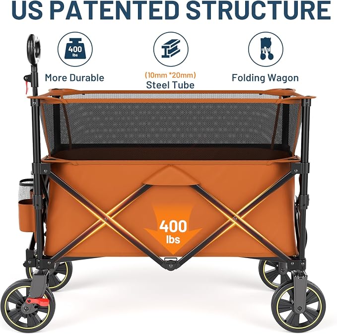 Timber Ridge Collapsible Folding Wagon 350L Extra Large with Brake, Heavy Duty Camping Utility Cart Outdoor, Extended Height Adjustable Handle, Cup Holders, Side Bag, Orange