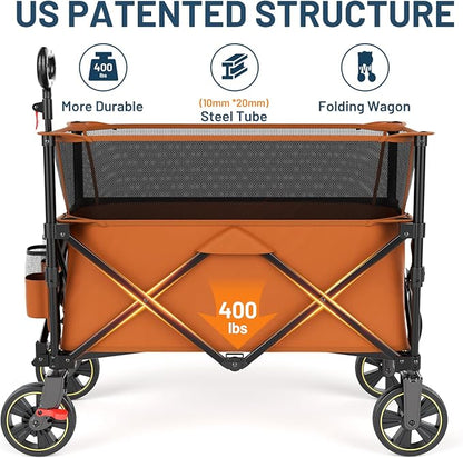 Timber Ridge Collapsible Folding Wagon 350L Extra Large with Brake, Heavy Duty Camping Utility Cart Outdoor, Extended Height Adjustable Handle, Cup Holders, Side Bag, Orange