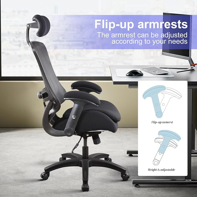BOLISS Ergonomic Tall Office Chair with Double-Layer Seat Cushion, Desk Chair Adjustable Headrest, Adjustable Lumbar Support, Height Adjustable Flip-Up Arms
