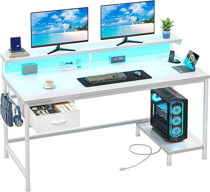 DurayLoly 39.3Inch Computer Desk with Power Outlet & Drawer,Gaming Desk with CPU Stand& LED Lights,Corner Office Desk with Ergonomic Monitor Stand for Home Work, Study and Gaming, Small Spaces,White