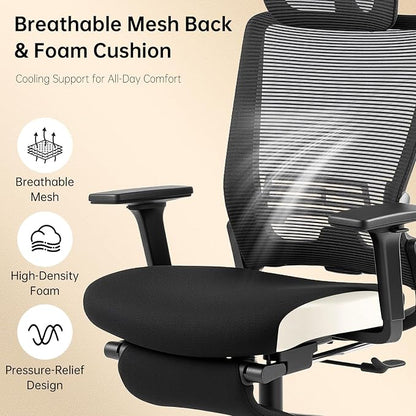 Foldable Office Chair with Foot Rest, Ergonomic Office Chair with Adjustable Lumbar Support, Headrest, Armrest, Home Office Desk Chairs for Space Saving, Work from Home, Black