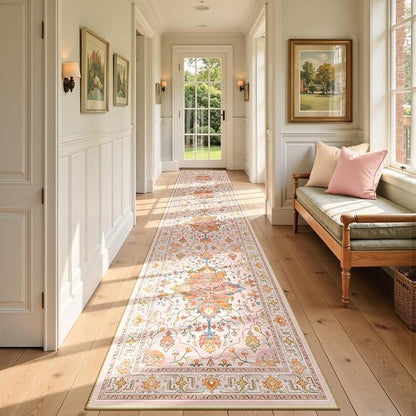 RELEANY Area Rugs Runner 2'6"x12' Washable Non-Slip, Floral Vintage Distress Medallion Carpet for Kitchen Hallway Bedroom Beside Laundry Room Bathroom, Light Pink Colorful