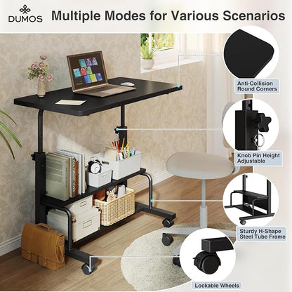 DUMOS 31.5" Walking Pad Desk, Portable Adjustable Height Rolling Laptop Desk with Lockable Wheels, Mobile Stand Up Computer Workstation for Treadmill Home Office Black