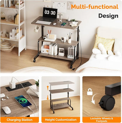 VINGLI 31.5" Mobile Small Standing Desk, Adjustable Height Mobile Computer Desk, w/2 AC Outlets + 3 USB Ports & Hooks, Storage Shelves, Suitable for Gaming, Studying, Home Office, Gray