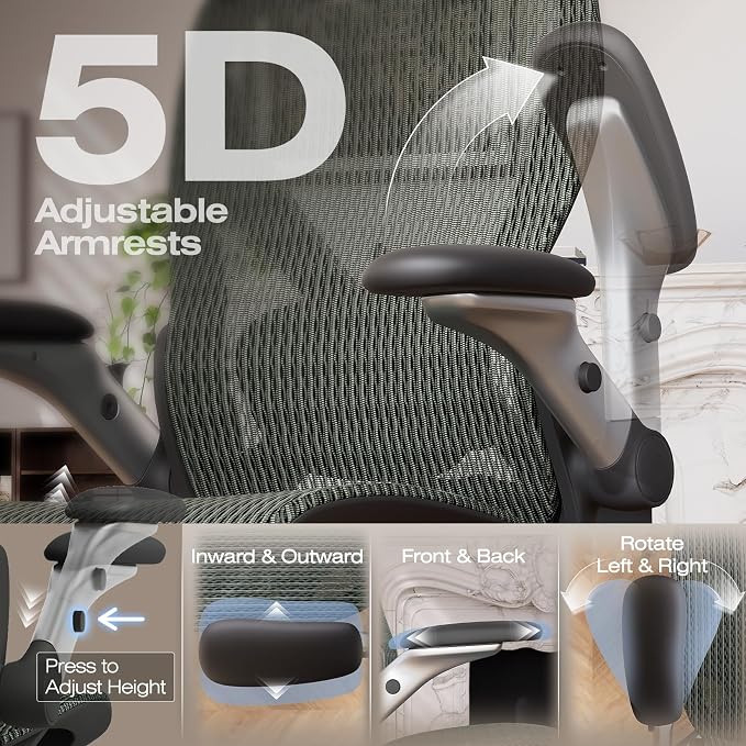 ELABEST X100 Ergonomic Mesh Office Chair with Footrest, Big and Tall Hone Desk Chair with 5D Flip-Up Arms, Adjustable 3D Lumbar Support,Gaming & Executive Computer Chairs for Long Hours (Dusty Sage)