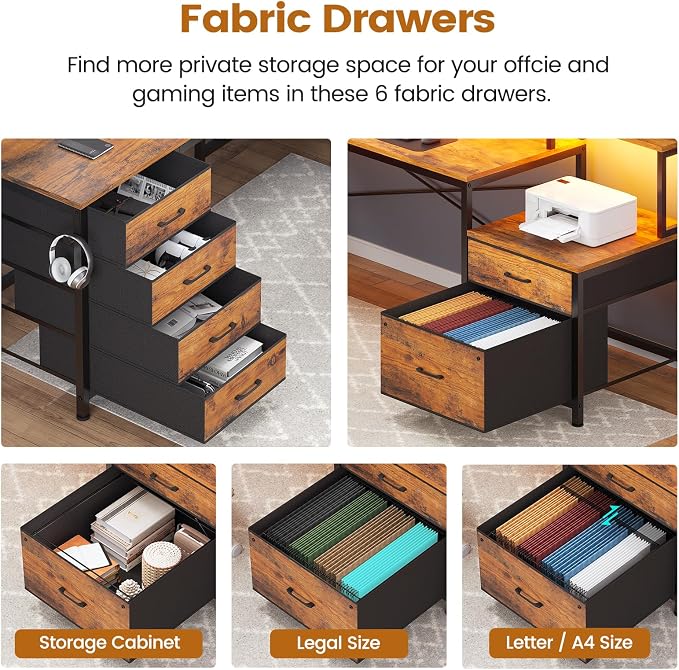 SEDETA L Shaped Desk with 6 Drawer, 108" Home Office Desk with File Drawer & Power Outlet, Corner Computer Desk with Monitor Shelf, Two Person Desk, Gaming Desk with Led Lights, Rustic Brown
