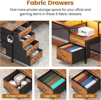 SEDETA L Shaped Desk with 6 Drawer, 108" Home Office Desk with File Drawer & Power Outlet, Corner Computer Desk with Monitor Shelf, Two Person Desk, Gaming Desk with Led Lights, Rustic Brown