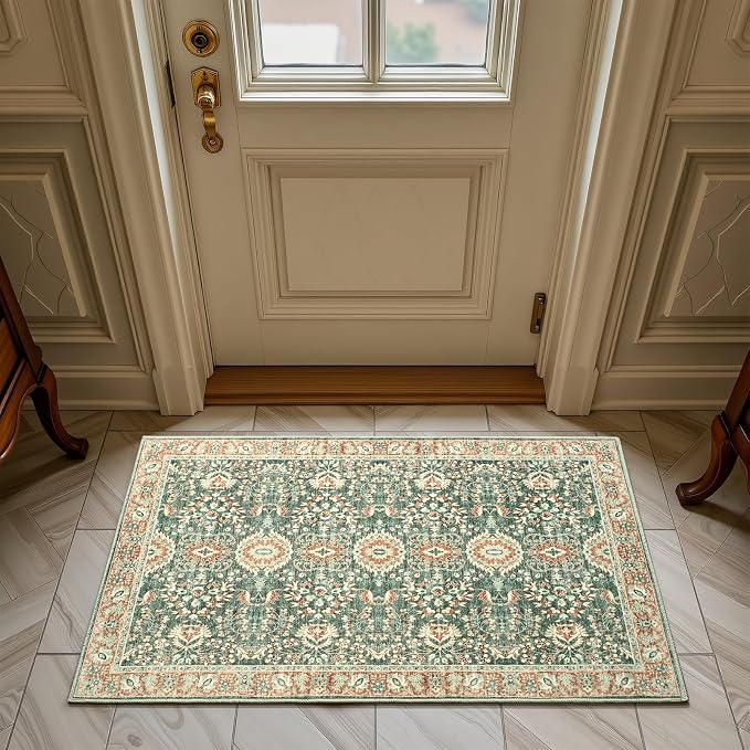 Goideal Washable Rug 2x3, Vintage Area Rugs Non Slip, Indoor Low Pile Carpet with Rubber Backing for Kitchen Bathroom Entryway Office Bedroom,Green & Orange