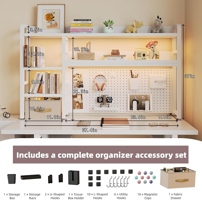 Desktop Hutch Bookshelf, 4-Tier Metal Desk Shelf for Top of Desk | Heavy Duty Countertop Organizer Rack with Peg Board & Accessories Space-Saving Storage for Dorm, Office & Home