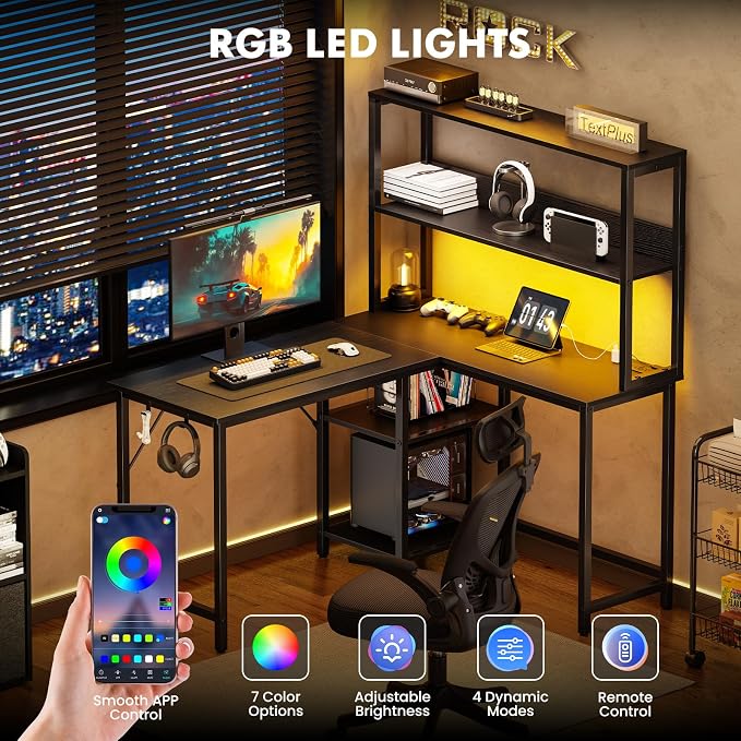 DUMOS L Shaped Desk Gaming Desk with LED & Power Outlet 43 in Reversible Corner Computer Table with Adjustable Shelf & CPU Stand, Home Office Writing Table, Black