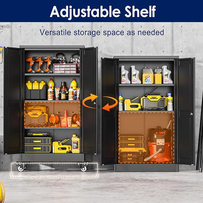 erosoei 45.6"H Metal Garage Storage Cabinet, Rolling Tool Cabinet with 2 Doors and Wheels, Locker Steel Cabinet with 3 Adjustable Shelves, Organization Cabinet for Garage,Office,Home,Gym,School（Black）